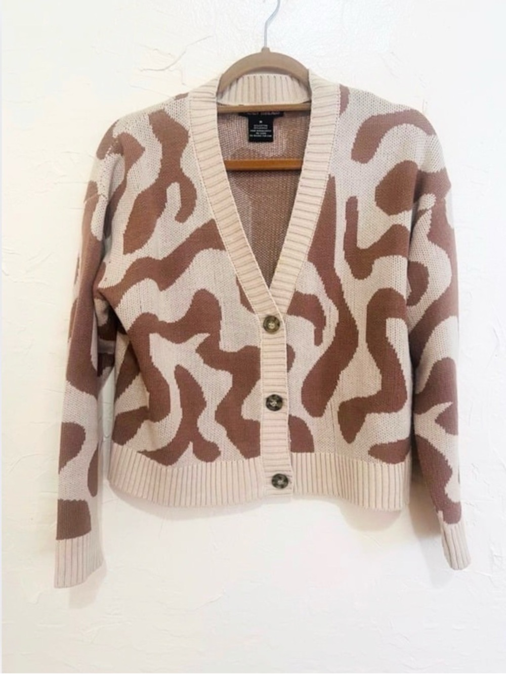 Neutral Abstract Cropped Cardigan Minimalist Knit Button Front Women’s M Brown
